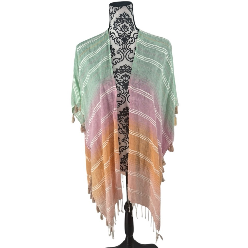 Boho Ombre Tassel Shawl Kimono Wrap Pastel Rainbow Lightweight Cotton Rayon, OS
